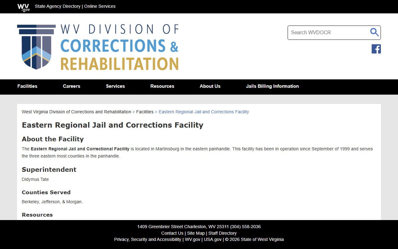 Eastern Regional Jail and Correctional Facility official facility page for Berkeley County inmate records
