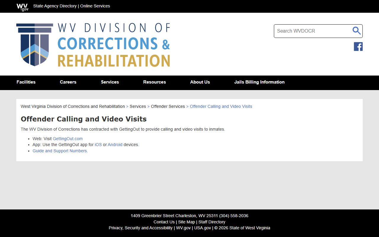 WVDCR GettingOut calling and video visit page for Eastern Regional Jail inmates