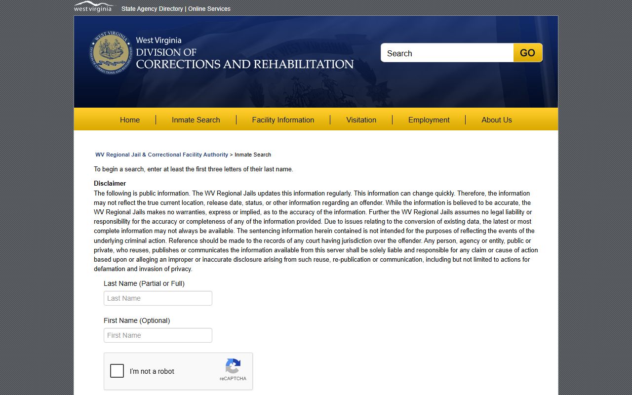 Berkeley County inmate population WV Regional Jail offender search fields